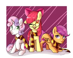 Size: 1000x795 | Tagged: apple bloom, artist:bylullabysoft, clothes, crossover, cute, cutie mark, cutie mark crusaders, derpibooru import, gryffindor, gryffindor scarf, harry potter, safe, scarf, scootaloo, shared clothing, striped scarf, sweetie belle, the cmc's cutie marks, wink