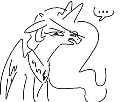 Size: 581x479 | Tagged: safe, artist:nobody, derpibooru import, princess celestia, alicorn, pony, ..., disgusted, female, floppy ears, frown, lidded eyes, looking at you, mare, monochrome, open mouth, reaction image, simple background, sitting, sketch, solo, white background