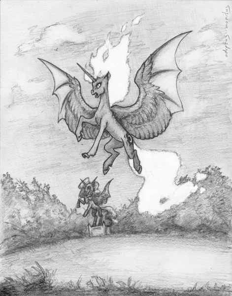 Size: 700x892 | Tagged: artist:adeptus-monitus, derpibooru import, monochrome, monument, nightmare moon, princess luna, safe, solo, traditional art