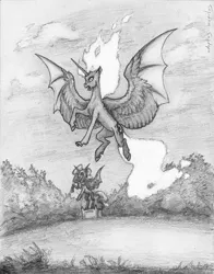 Size: 700x892 | Tagged: artist:adeptus-monitus, derpibooru import, monochrome, monument, nightmare moon, princess luna, safe, solo, traditional art