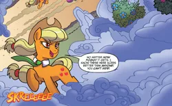 Size: 1400x868 | Tagged: safe, artist:tonyfleecs, derpibooru import, idw, applejack, earth pony, pony, ponies of dark water, spoiler:comic, spoiler:comic43, cropped, donaldjack, evil, female, fog, mare, necktie, official comic, raised hoof, speech bubble