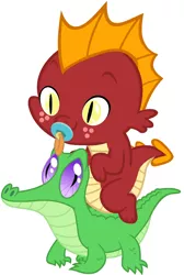 Size: 786x1167 | Tagged: artist:red4567, baby dragon, baby garble, cute, derpibooru import, dragon, dragons riding gators, garble, gardorable, gummy, pacifier, riding, safe, weapons-grade cute