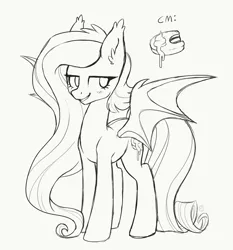 Size: 2800x3000 | Tagged: safe, artist:hawthornss, derpibooru import, oc, oc:midnight delight, unofficial characters only, bat pony, pony, bedroom eyes, blushing, ear fluff, grin, long mane, male, monochrome, simple background, sketch, smiling, solo, spread wings, trap, wip