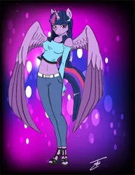 Size: 1275x1650 | Tagged: alicorn, anthro, artist:edoki, belly button, breasts, clothes, derpibooru import, female, high heels, jeans, midriff, off shoulder, pants, plantigrade anthro, safe, sandals, shirt, short shirt, solo, spread wings, twilight sparkle, twilight sparkle (alicorn)
