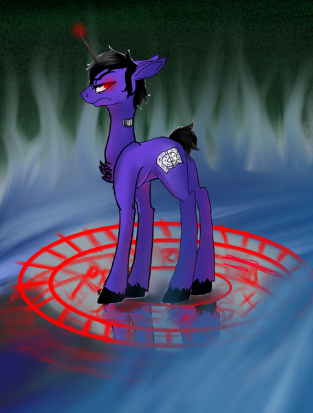 Size: 891x1174 | Tagged: safe, artist:brainiac, derpibooru import, oc, oc:brainiac, unofficial characters only, pony, alternate hairstyle, angry, barcode, chest fluff, fire, full body, male, rune magic, solo, stallion, summon, water