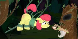 Size: 1313x668 | Tagged: suggestive, artist:woox, derpibooru import, apple bloom, earth pony, pony, apple, bondage, context is for the weak, discipline, entangled, foalcon, food, forest, spanked, spanking, tree, vine