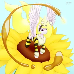 Size: 3000x3000 | Tagged: artist:haretrinity, bee costume, beelestia, clothes, derpibooru import, grin, princess celestia, safe, smiling, solo, spread wings, sunflower