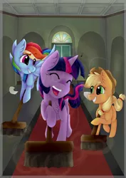 Size: 1024x1448 | Tagged: safe, artist:melchiorflyer, derpibooru import, applejack, rainbow dash, twilight sparkle, twilight sparkle (alicorn), alicorn, pony, the saddle row review, broom, eyes closed, grin, scene interpretation, smiling, sweeping, sweepsweepsweep, twilight sweeple, watermark