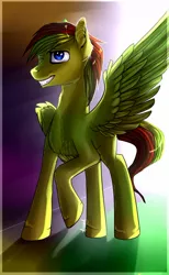 Size: 702x1139 | Tagged: safe, artist:rainbowaliona, derpibooru import, oc, oc:firebolt, unofficial characters only, pegasus, pony, male, one eye closed, raised hoof, smiling, solo, spread wings, stallion, standing, wink
