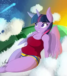 Size: 1600x1800 | Tagged: alicorn, anthro, artist:almondhusky, breasts, busty twilight sparkle, clothes, cloud, curvy, derpibooru import, female, panties, plump, sky, solo, solo female, striped underwear, suggestive, tanktop, thighlight sparkle, thunder thighs, twilight sparkle, twilight sparkle (alicorn), underwear