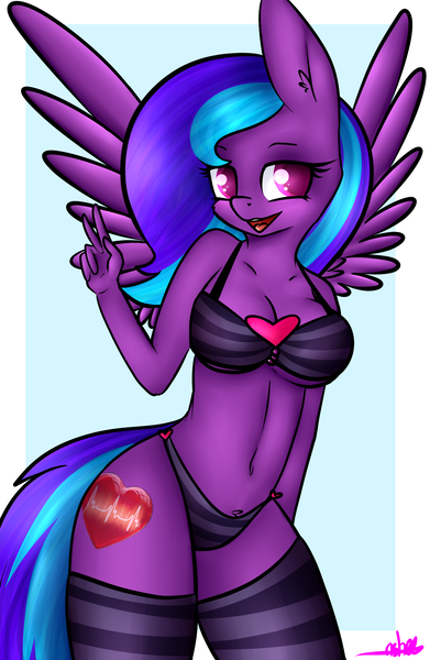 Size: 1494x2292 | Tagged: anthro, artist:ashee, belly button, bra, breasts, cleavage, clothes, derpibooru import, female, heart, heart print underwear, oc, peace sign, pegasus, purple underwear, socks, solo, solo female, striped socks, striped underwear, suggestive, underwear, unofficial characters only