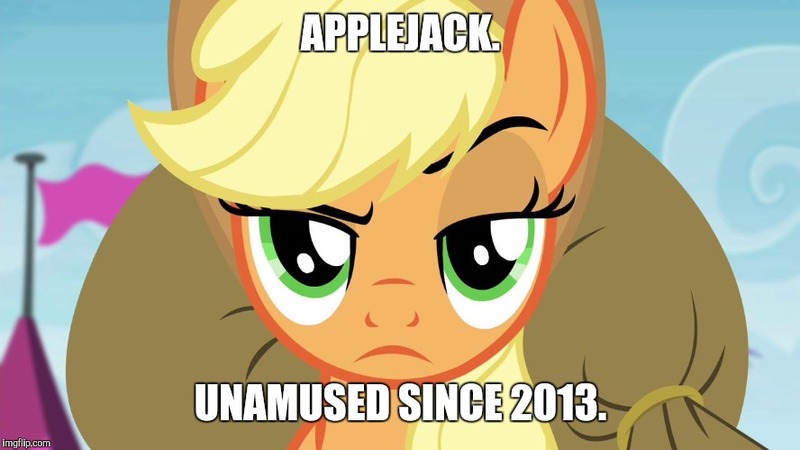 Size: 888x499 | Tagged: applejack, applejack is not amused, derpibooru import, image macro, meme, safe, solo