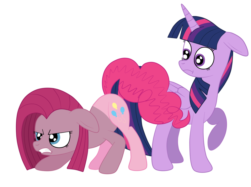 Size: 2592x1936 | Tagged: safe, artist:squipycheetah, derpibooru import, pinkie pie, twilight sparkle, twilight sparkle (alicorn), alicorn, pony, angry, crouching, female, floppy ears, folded wings, gritted teeth, lesbian, pinkamena diane pie, protecting, raised hoof, shipping, simple background, story included, surprised, teeth, transformation, transparent background, twinkie, vector, watermark, wide eyes, yandere, yandere pie