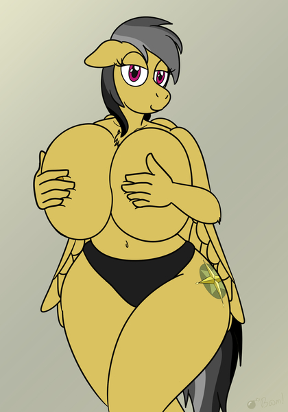 Size: 1712x2444 | Tagged: anthro, artist:gunpowdergreentea, bedroom eyes, belly button, big breasts, black underwear, breast hold, breasts, busty daring do, clothes, covered nipples, covering, daring do, derpibooru import, female, grope, huge breasts, looking at you, nudity, panties, partial nudity, questionable, sexy, simple background, solo, solo female, stupid sexy daring do, thunder thighs, topless, underwear