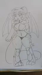 Size: 2988x5312 | Tagged: armor, artist:mt, belly button, breasts, cleavage, clothes, derpibooru import, female, monochrome, oc, oc:ash, offspring, panties, parent:anon, parent:princess ember, satyr, suggestive, thong, traditional art, unconvincing armor, underwear, unofficial characters only