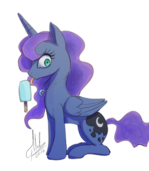 Size: 600x690 | Tagged: safe, artist:raikoh, derpibooru import, edit, princess luna, anatomically incorrect, food, ice cream, jewelry, licking, necklace, popsicle, sea salt ice cream, solo, tongue out