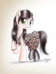 Size: 747x976 | Tagged: safe, artist:theflyingmagpie, derpibooru import, oc, oc:kicia, unofficial characters only, earth pony, pony, blushing, bracelet, clothes, dress, female, freckles, jewelry, mare, solo, stockings, traditional art
