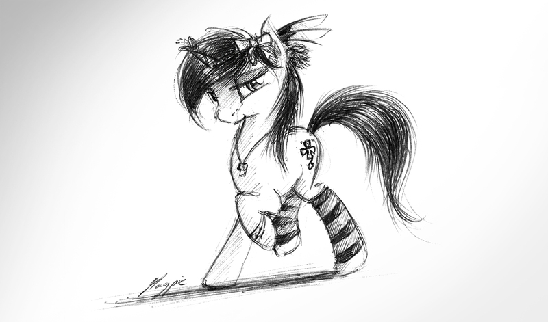 Size: 1200x707 | Tagged: artist:theflyingmagpie, bow, butterfly, clothes, derpibooru import, hair bow, monochrome, oc, oc:bloody herb, safe, socks, solo, striped socks, traditional art, unofficial characters only, whistle, whistle necklace