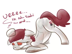 Size: 1280x963 | Tagged: artist:nobody, ass up, coke, derpibooru import, dialogue, face down ass up, female, floppy ears, food pony, mare, oc, oc:coke pony, original species, safe, sick, solo, unofficial characters only