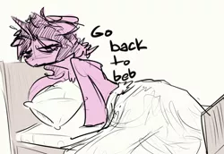 Size: 1280x883 | Tagged: artist:nobody, bed, bed hair, derpibooru import, dialogue, engrish, frown, limited palette, looking at you, oc, oc:gloomy, safe, sketch, solo, tired, unofficial characters only