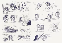 Size: 1762x1225 | Tagged: safe, artist:theflyingmagpie, derpibooru import, oc, oc:kicia, oc:magpie, unofficial characters only, pony, bipedal, blaster, chibi, crossover, jedi, lightsaber, monochrome, polish, r2-d2, sith, sketch, sketch dump, star wars, starfighter, the force, tie fighter, traditional art, weapon, x-wing, yoda