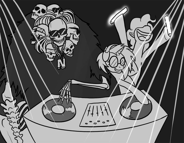 Size: 1155x893 | Tagged: artist needed, crossover, dark souls, derpibooru import, disc jockey, glowstick, gravelord nito, grayscale, grin, headphones, hoof hold, jewelry, laser, monochrome, necklace, pinkie pie, rave, ravelord nito, safe, skull, smiling, sunglasses, turntable, vinyl scratch