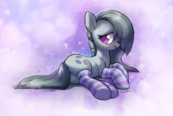 Size: 1838x1229 | Tagged: safe, artist:dawnfire, derpibooru import, marble pie, earth pony, pony, bedroom eyes, blushing, clothes, colored pupils, cute, featureless crotch, female, hair over one eye, looking at you, looking back, lying, lying down, marblebetes, mare, plot, side, smiling, socks, solo, striped socks, sweet dreams fuel