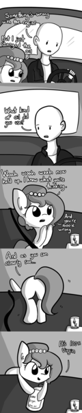 Size: 824x4108 | Tagged: safe, artist:tjpones, derpibooru import, oc, oc:brownie bun, oc:richard, unofficial characters only, earth pony, human, pony, horse wife, brownie butt, car, comic, cute, dialogue, driving, ear fluff, female, grayscale, human male, male, mare, monochrome, oatacola, oil, olive oil, plot, property damage