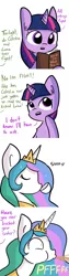 Size: 750x3000 | Tagged: safe, artist:tjpones, derpibooru import, princess celestia, twilight sparkle, twilight sparkle (alicorn), alicorn, pony, book, comic, dialogue, female, innocent innuendo, innuendo, mare, offscreen character, reading, spit take, teacup, wide eyes