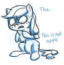 Size: 1280x1312 | Tagged: applejack, artist:nobody, derpibooru import, monochrome, safe, sketch, solo, squash, squashjack, terrified, that pony sure does love apples