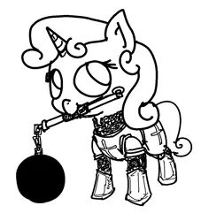 Size: 936x1033 | Tagged: armor, artist:nobody, chainmail, cute, derpibooru import, flail, monochrome, mouth hold, safe, solo, sweetie belle, weapon