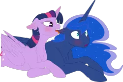 Size: 3000x1987 | Tagged: suggestive, artist:scarletlightning565, artist:silfoe, derpibooru import, princess luna, twilight sparkle, twilight sparkle (alicorn), alicorn, pony, royal sketchbook, ear bite, female, floppy ears, lesbian, prone, shipping, twiluna