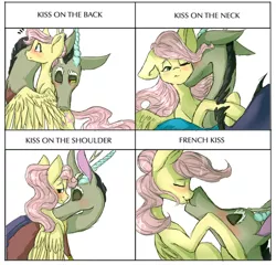 Size: 1024x981 | Tagged: suggestive, artist:loladotz, derpibooru import, discord, fluttershy, discoshy, female, french kiss, kiss meme, kiss on the back, kiss on the shoulder, kissing, kissing meme, male, meme, neck kiss, shipping, straight