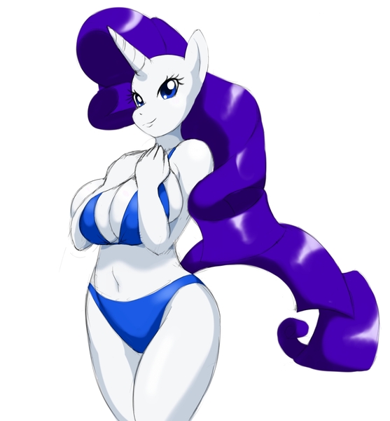 Size: 1178x1270 | Tagged: anthro, artist:sergeantbuck, artist:speedyhimura, belly button, big breasts, bikini, boob squish, breasts, busty rarity, clothes, commission, derpibooru import, female, rarity, solo, solo female, suggestive, swimsuit