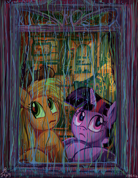 Size: 652x841 | Tagged: safe, artist:jowybean, derpibooru import, applejack, twilight sparkle, twilight sparkle (alicorn), alicorn, earth pony, pony, twijack weekly, female, frown, lesbian, mare, rain, sad, shipping, twijack, window