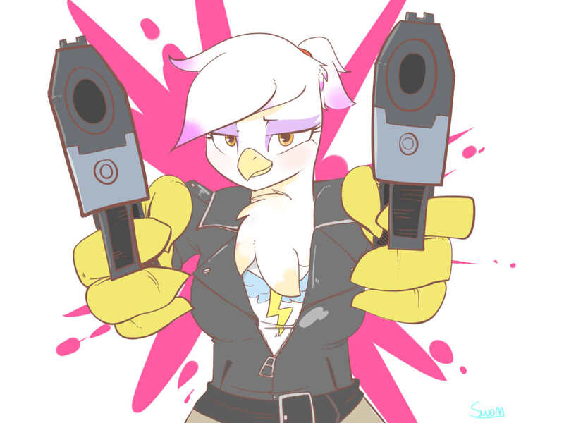 Size: 1024x768 | Tagged: suggestive, artist:swomswom, derpibooru import, gilda, anthro, gryphon, black lagoon, dual wield, gun, handgun, pistol, revy, solo, voice actor joke, weapon