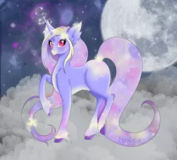 Size: 1600x1440 | Tagged: artist:niniibear, blue, cute, derpibooru import, ear fluff, galaxy, galaxy pony, glow, happy, moon, night, night sky, pink, pink eyes, purple, red eyes, safe, solo, space, stars