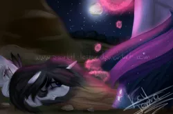 Size: 2048x1344 | Tagged: safe, artist:scarlett-letter, derpibooru import, twilight sparkle, oc, oc:scarlett letter, alicorn, pony, alicorn oc, injured, moon, night, offscreen character, stars, stone