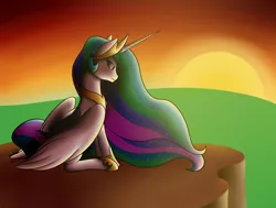 Size: 2016x1522 | Tagged: safe, artist:itsuko103, derpibooru import, princess celestia, alicorn, pony, sitting, solo, sunset