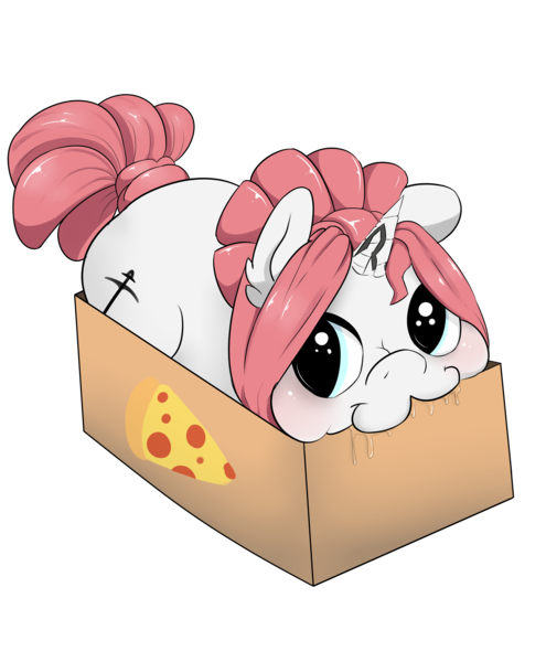 Size: 3300x4000 | Tagged: safe, artist:digitaldomain123, artist:morroderthefreakyguy, derpibooru import, oc, oc:taffeta, unofficial characters only, pony, unicorn, :3, box, cute, diabetes, digital art, drool, food, looking at you, nom, pizza, pony in a box, prone, simple background, smiling, solo, transparent background