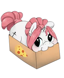 Size: 3300x4000 | Tagged: safe, artist:digitaldomain123, artist:morroderthefreakyguy, derpibooru import, oc, oc:taffeta, unofficial characters only, pony, unicorn, :3, box, cute, diabetes, digital art, drool, food, looking at you, nom, pizza, pony in a box, prone, simple background, smiling, solo, transparent background