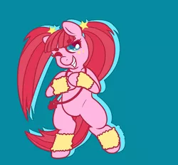 Size: 1210x1124 | Tagged: safe, artist:ponycide, derpibooru import, pacific glow, pony, arm warmers, bipedal, jewelry, leg warmers, necklace, pacifier, pigtails, rave pony, smiling, solo, wink