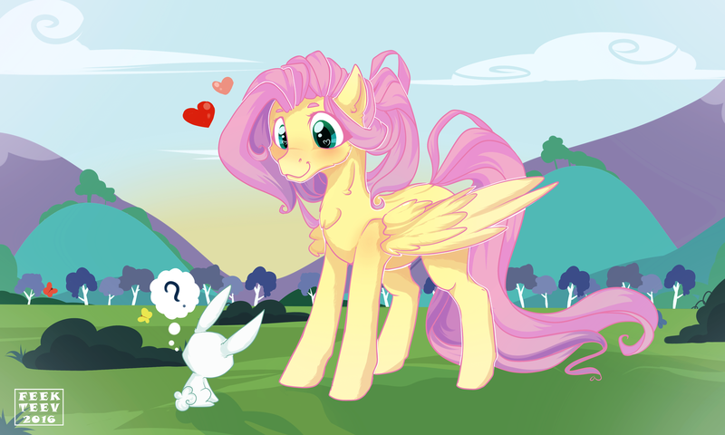 Size: 1600x960 | Tagged: safe, artist:feekteev, derpibooru import, angel bunny, fluttershy, heart, heart eyes, mountain, wingding eyes