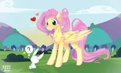 Size: 1600x960 | Tagged: safe, artist:feekteev, derpibooru import, angel bunny, fluttershy, heart, heart eyes, mountain, wingding eyes