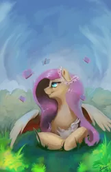 Size: 1024x1583 | Tagged: angel bunny, artist:blindcoyote, butterfly, derpibooru import, floral head wreath, fluttershy, prone, safe, solo