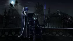 Size: 2848x1620 | Tagged: safe, artist:willhemtier, derpibooru import, princess luna, oc, oc:silver specter, oc:the moonlight songtress, anthro, bat pony, unguligrade anthro, armor, balcony, blindfold, castle, chair, city, cloak, clothes, dress, duo, ear piercing, earring, female, fence, floating, gate, glowing eyes, hand on shoulder, jewelry, looking at you, male, mare, moon, moonlight, necklace, night guard, piercing, priestess, scenery, scenery porn, sitting, spear, stallion, statue, weapon, youtube link