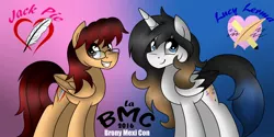 Size: 1800x900 | Tagged: safe, artist:jack pie, derpibooru import, oc, oc:jack pie, oc:scarlett letter, unofficial characters only, alicorn, pegasus, pony, alicorn oc, cutie mark, glasses