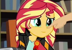 Size: 1023x719 | Tagged: safe, derpibooru import, edit, edited screencap, screencap, sunset shimmer, equestria girls, friendship games, best human, boop, boop edit, cute, hand, inverted mouth, ribbon, shimmerbetes, smiling, when she smiles