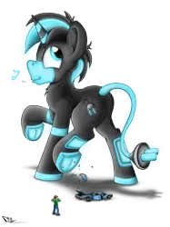 Size: 4130x5530 | Tagged: safe, artist:fandroit, derpibooru import, oc, oc:lenny light, unofficial characters only, human, original species, pony, unicorn, absurd resolution, car, crushing, giant pony, glow, hooves, macro, male, plug, smiling, underhoof, whistling