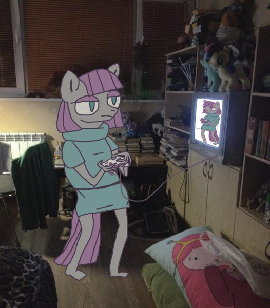 Size: 2442x2787 | Tagged: anthro, artist:grinwild, derpibooru import, irl, maud pie, photo, ponies in real life, room, safe, solo, television